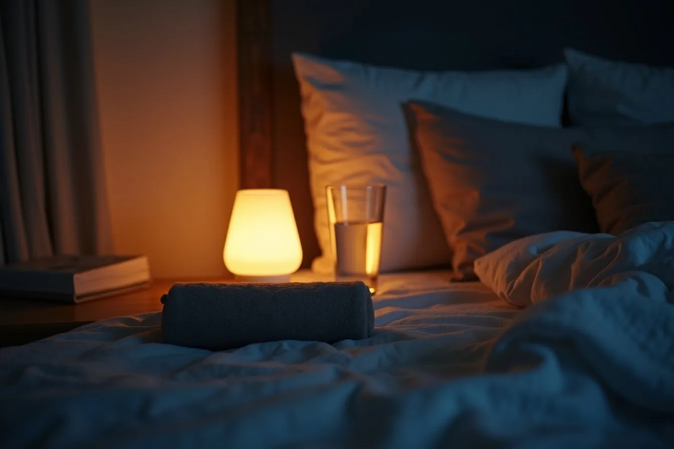 Nachttisch mit Lampe, Wasserglas und Kühlpack am Abend